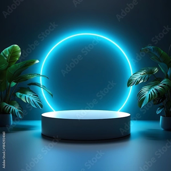 Obraz Neon circle podium with tropical plants
