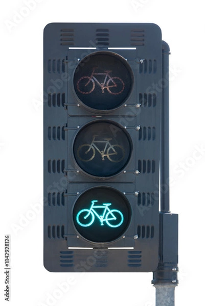 Fototapeta Bike shaped bicycle path traffic signal intersection crosswalk light.  Isolated with cut out background.  