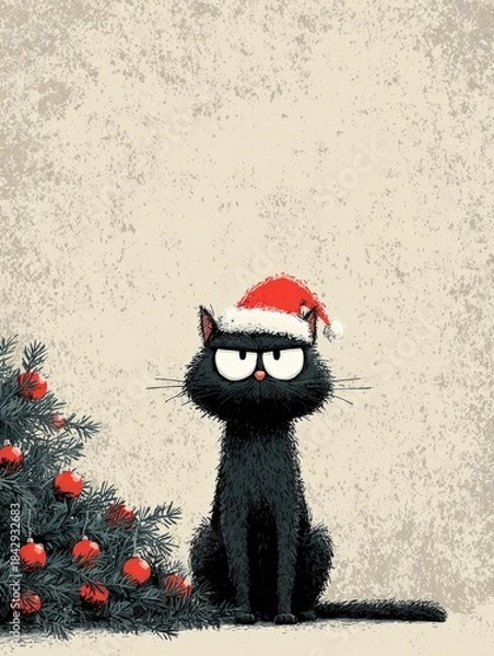 Obraz Grumpy black cat in Santa hat next to a Christmas tree