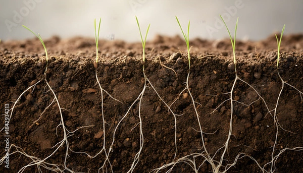 Obraz Young plants emerging from soil with visible roots