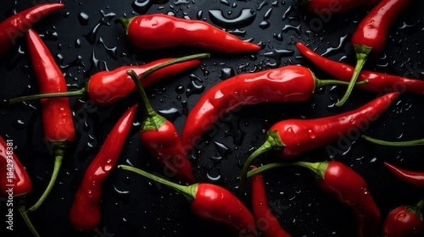 Fototapeta Vibrant red chili peppers arranged on a dark surface with water droplets for a striking culinary presentation