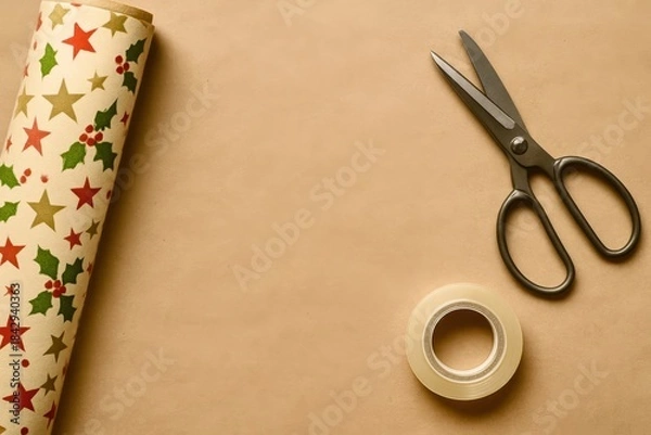 Fototapeta A pair of scissors and a roll of tape are on a table with a patterned background