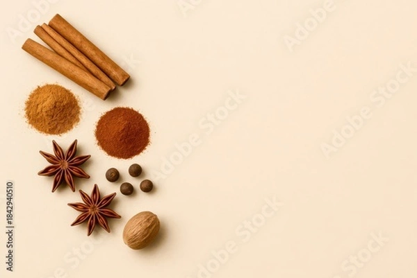 Fototapeta A close up of spices and nuts on a table