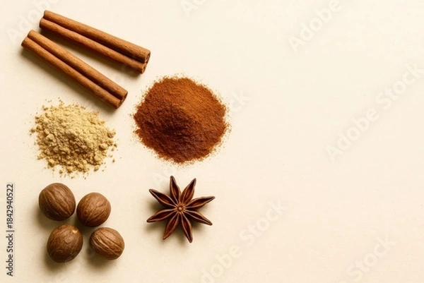 Fototapeta A close up of spices and nuts on a table
