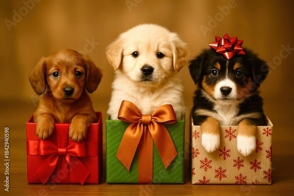 Fototapeta Three puppies are sitting in three different sized boxes, each with a red bow