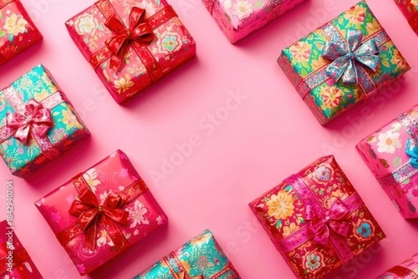 Fototapeta A row of colorful presents with bows on them