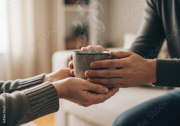 Fototapeta Giving a warm mug of steaming coffee, a gesture of kindness, support, and empathy in a cozy home.