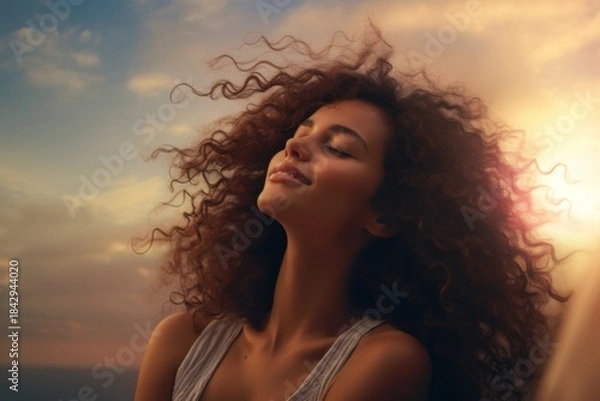 Fototapeta Woman enjoying sunset by the ocean with curly hair flowing freely and a blissful expression on her face