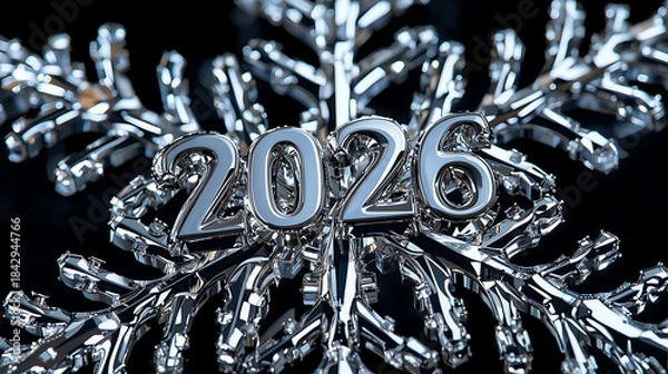 Obraz Silver "2026" on Reflective Snowflake Close-Up