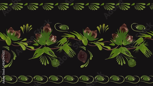 Obraz Vector seamless border pattern from hazelnut sprigs, leaves and nuts on a black background