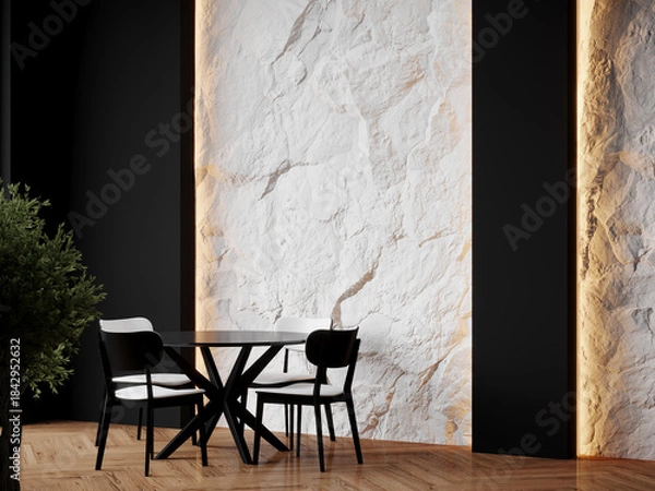 Obraz Stylish dining room or lounge living interior design with accent wall background - white textured stone - trend 2026 cloud dancer tone. Black details and furniture - table and chairs. 3d render