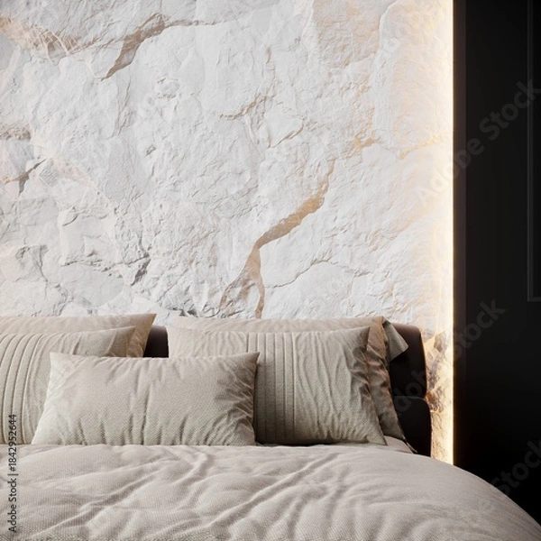 Fototapeta Cloud dancer color of the year 2026 white tone bedroom with stone accent. Mockup background interior design rich home or hotel space. Accent color trend. Beige, black and white palette room. 3d render