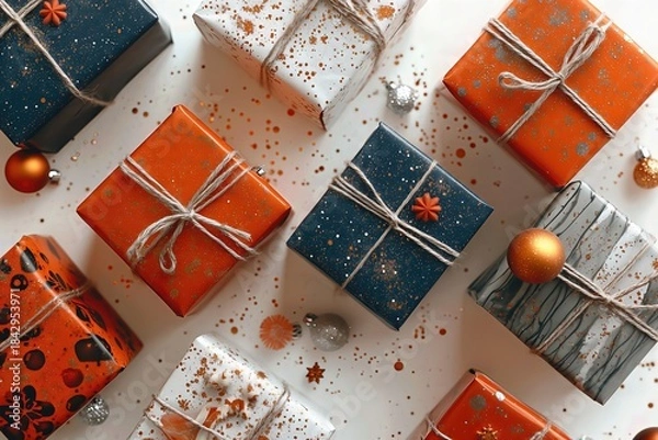 Obraz Wrapped gift boxes on white background.