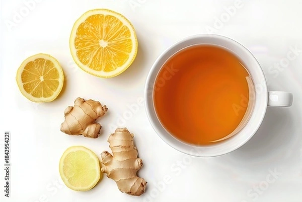 Obraz Ginger tea with lemon on white background.