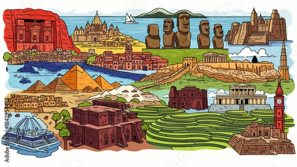 Obraz A vibrant cartoon illustration showcasing iconic world landmarks and ancient wonders, perfect for global travel and cultural exploration themes.