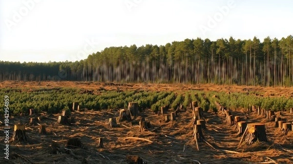 Obraz Deforested land with tree stumps.