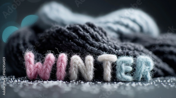 Obraz The word Winter is made of woolen knitted letters in different colors, a cute themed inscription, yarn and knitting, a season for warm scarves and sweaters