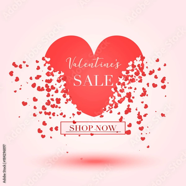 Obraz Valentine's day Sale banner for advertising or social network post. Vector red heart's pixel explosion. 