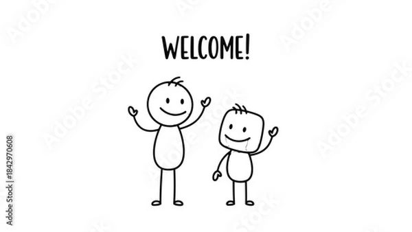 Fototapeta Two simple stick figures waving hello with the word WELCOME written above them.
