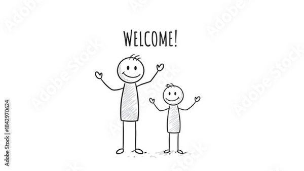 Fototapeta Two stick figures, one adult and one child, with outstretched arms and smiling faces, welcoming viewers.