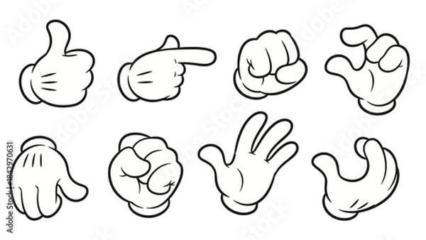 Fototapeta Eight cartoon gloved hands showing various gestures and poses, isolated on a white background.