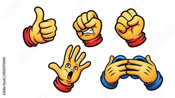 Fototapeta Cartoon hands showing various gestures and emotions like thumbs up, clenched fists, and surprised open palm.