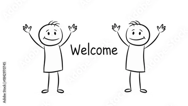 Fototapeta Two stick figures with their arms raised in a welcoming gesture, with the word "Welcome" in the center.