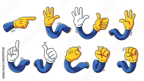 Fototapeta A collection of cartoon arms with different gestures and poses, including pointing, waving, thumbs up, and fists.