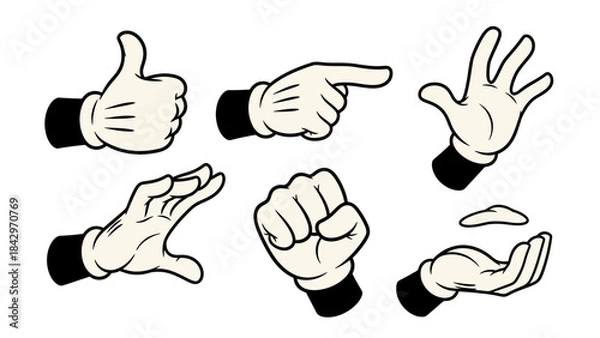 Fototapeta Six cartoon hands in white gloves showing various gestures like thumbs up, pointing, open palm, and fist, isolated on a white background.