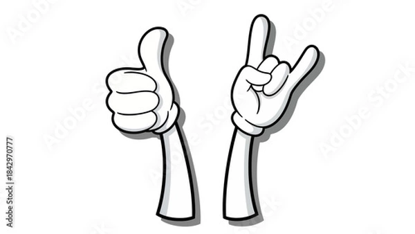 Fototapeta Cartoon hands showing thumbs up and rock and roll gestures on a white background.