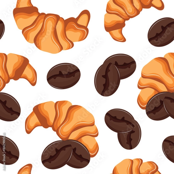 Obraz seamless pattern with French croissants with coffee beans next to them scattered randomly, for menus and various food designs