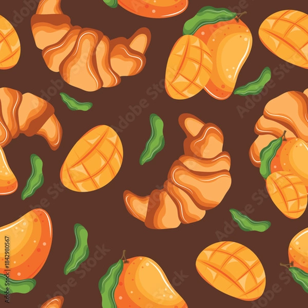 Obraz seamless pattern with baked croissants and ripe mangoes denoting the taste of pastries on a brown background, for menus and various food designs