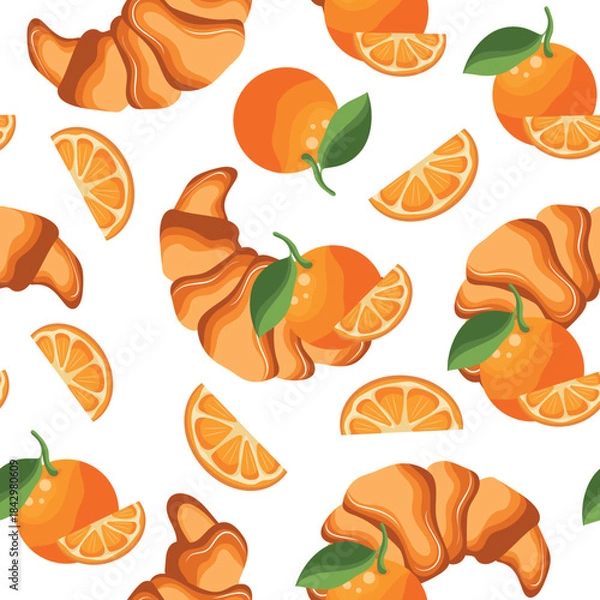 Obraz seamless pattern with a set of bakery and fruit icons, namely a croissant with an orange next to it, for menus and various food designs