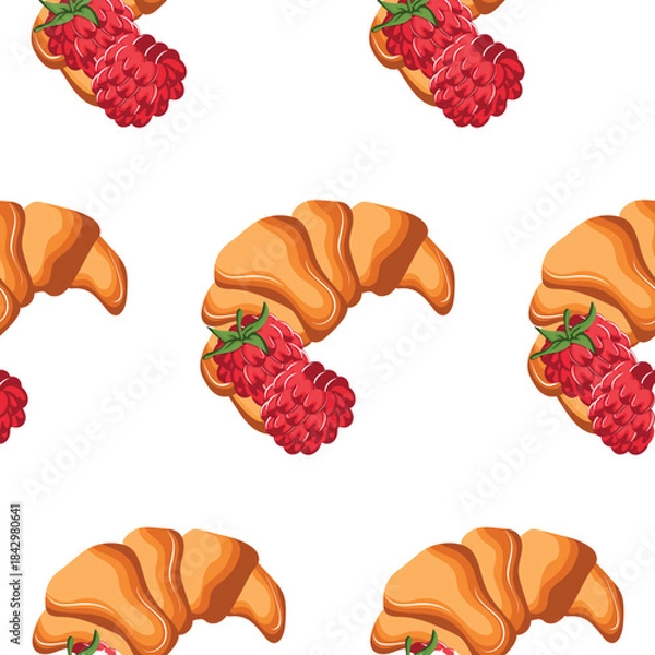 Obraz pattern with fluffy croissants with ripe raspberry berries next to it, for menus and various food designs