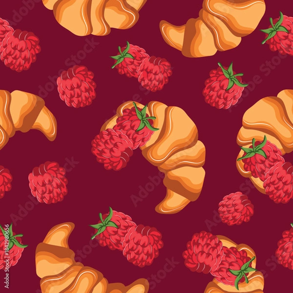 Obraz seamless pattern with fluffy croissants with ripe raspberry berries next to it on a red background, for menus and various food designs