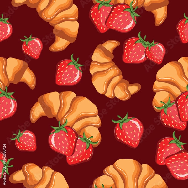 Obraz pattern with French croissants and strawberries arranged randomly on a red background, for menus and various food designs