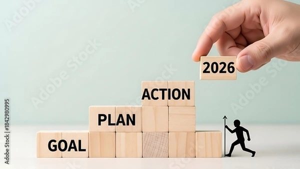 Fototapeta A hand placing a wood cube with 2026 on top of action blocks