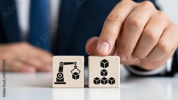 Fototapeta Automation and supply chain concept with wooden cubes and icons