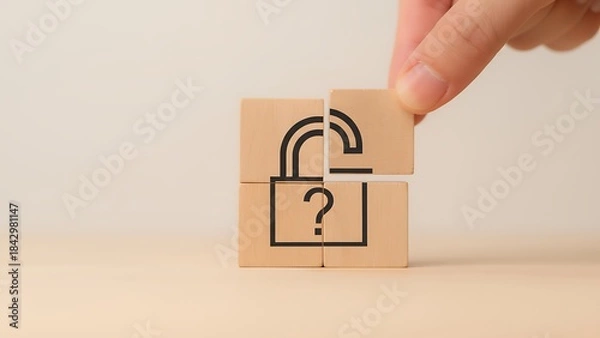 Fototapeta Hand assembling wooden blocks to form an unlocked padlock icon