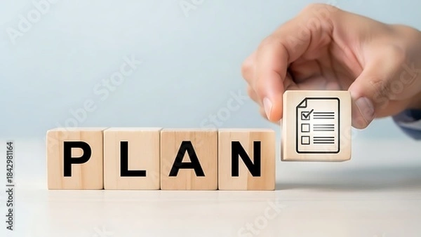 Fototapeta Hand placing a checklist icon on wooden blocks spelling out plan