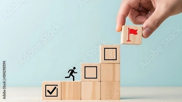 Fototapeta Hand placing goal flag on top of steps with running man icon