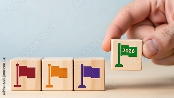 Fototapeta Setting 2026 goal represented by a green flag on a wooden cube