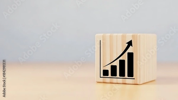 Fototapeta Wooden cube with an upward trending bar graph icon