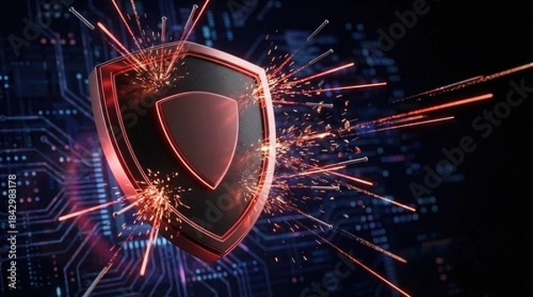 Obraz Cybersecurity shield blocking cyber attack sparks, network firewall protection