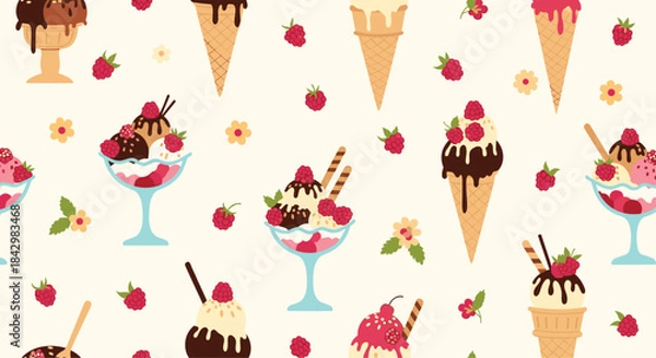 Fototapeta A repeating pattern of ice cream cones and sundaes with raspberries.