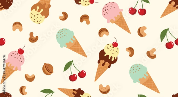 Fototapeta A repeating pattern with ice cream cones, cherries, and nuts.