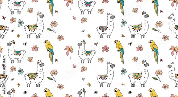 Fototapeta A repeating pattern of llamas, parrots, and flowers.
