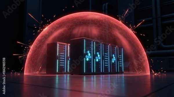 Obraz Cybersecurity shield dome protecting data center servers, network firewall
