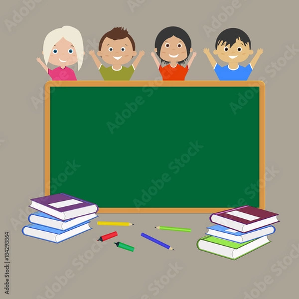 Obraz School Board. several books of different colors, pencils and a few students.