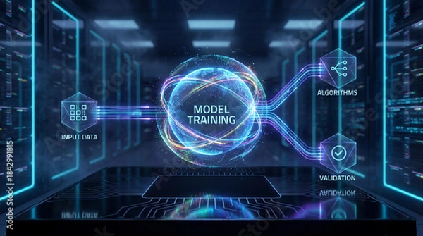 Fototapeta Futuristic data visualization background showing AI model training process flow with glowing translucent capsule, peripheral nodes, and illuminated data pipelines